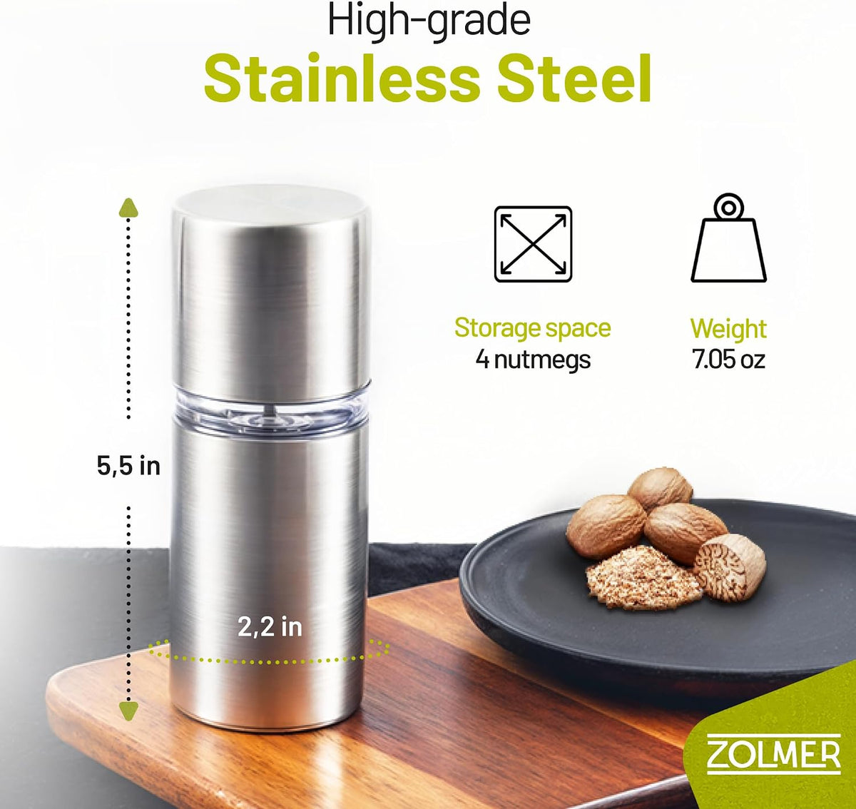 Spice Grinder with Storage Container for Fine Nutmeg Powder - SIlver