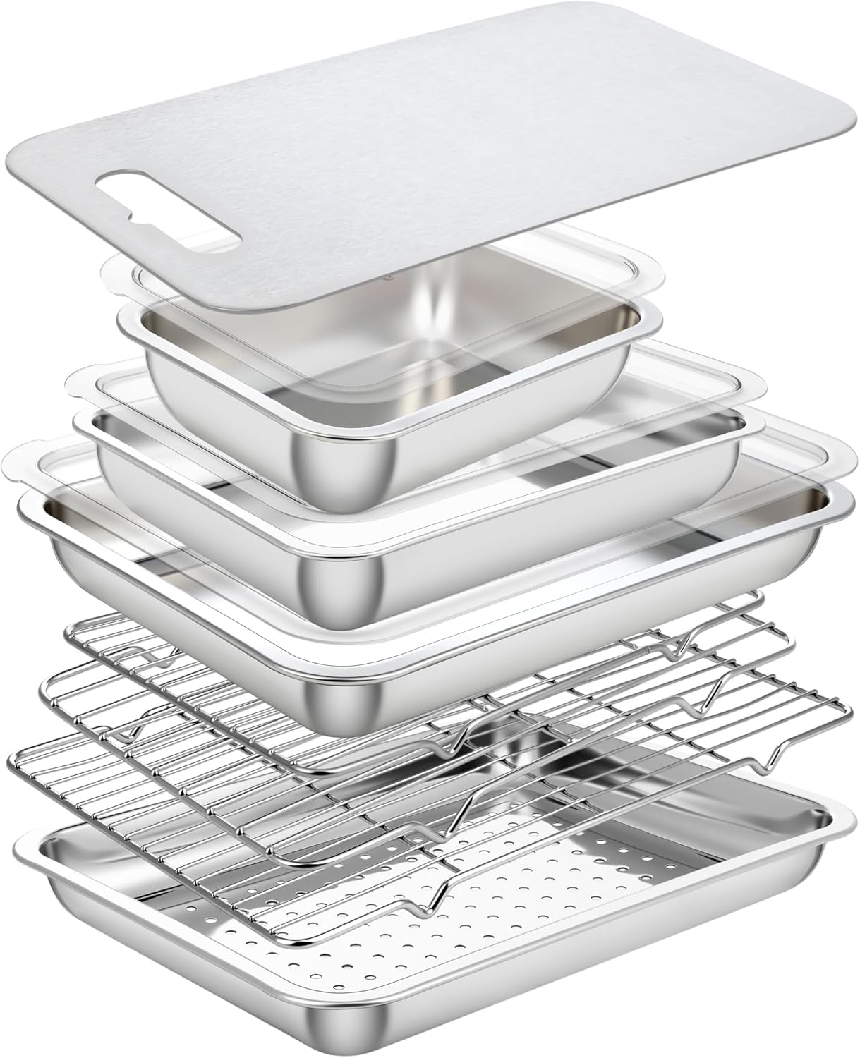 8 Pcs Grill Prep Carry System Grilling Prep Serve Tray Set Large Food Tub Tray Stainless Steel Trays Marinating Container with Lid, Cutting Board, Carrying BBQ Accessories Gifts for Outdoor