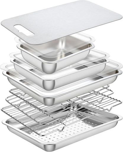 8 Pcs Grill Prep Carry System Grilling Prep Serve Tray Set Large Food Tub Tray Stainless Steel Trays Marinating Container with Lid, Cutting Board, Carrying BBQ Accessories Gifts for Outdoor