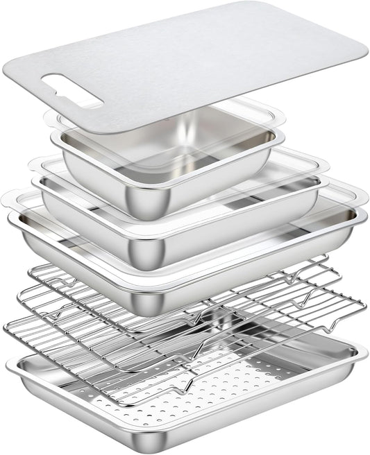 8 Pcs Grill Prep Carry System Grilling Prep Serve Tray Set Large Food Tub Tray Stainless Steel Trays Marinating Container with Lid, Cutting Board, Carrying BBQ Accessories Gifts for Outdoor