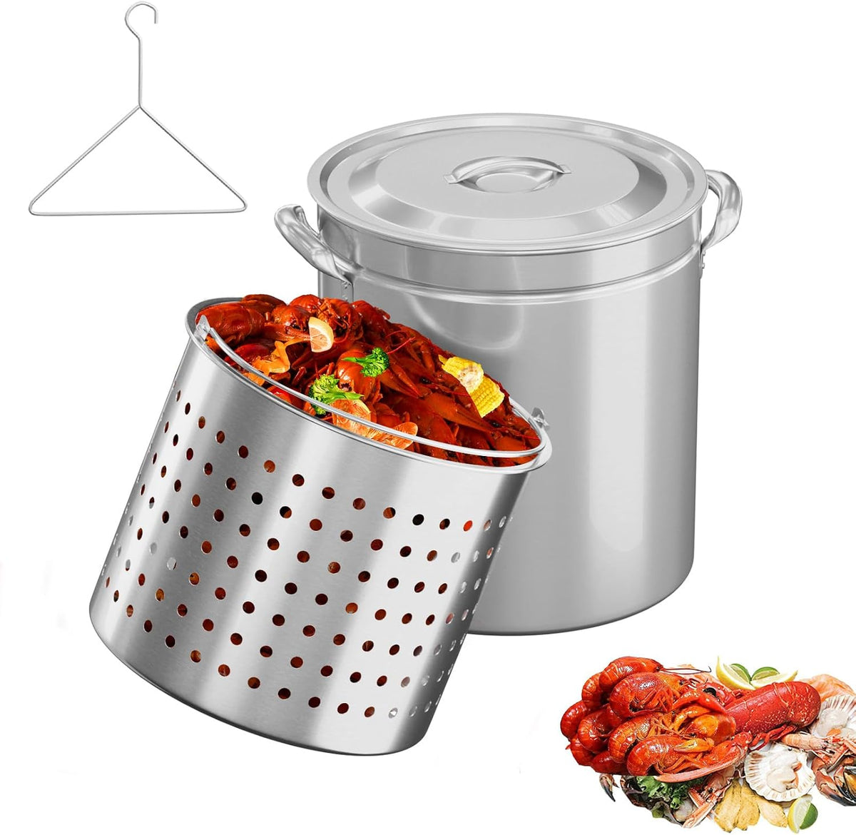 Bonnlo 30QT Aluminum Stock Pot for Boiling Seafood, Crawfish & Crab, Frying Turkey & Steaming Tamales, Large Boil Pot with Strainer Basket, Lid, Lifting Hook & Steamer Rack for Outdoor Cooking