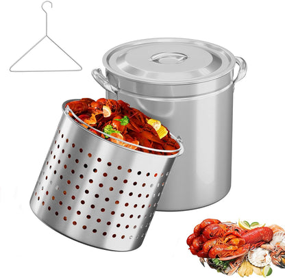 Bonnlo 30QT Aluminum Stock Pot for Boiling Seafood, Crawfish & Crab, Frying Turkey & Steaming Tamales, Large Boil Pot with Strainer Basket, Lid, Lifting Hook & Steamer Rack for Outdoor Cooking