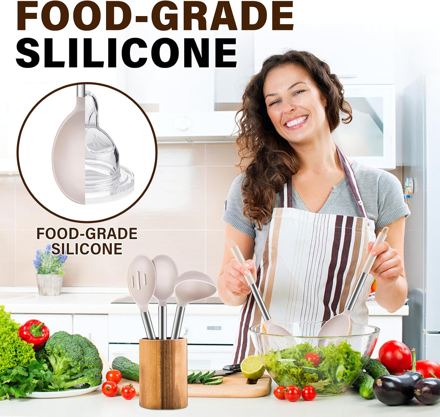 3Pcs Silicone Cooking Spoon Set, Kitchen Utensils Include Solid & Slotted Spoon, Soup Ladle, Food-Grade Heat Resistant 446°F, Non-Scratch Spoons for Serving, Stirring, Draining, Dishwasher Safe, Gray