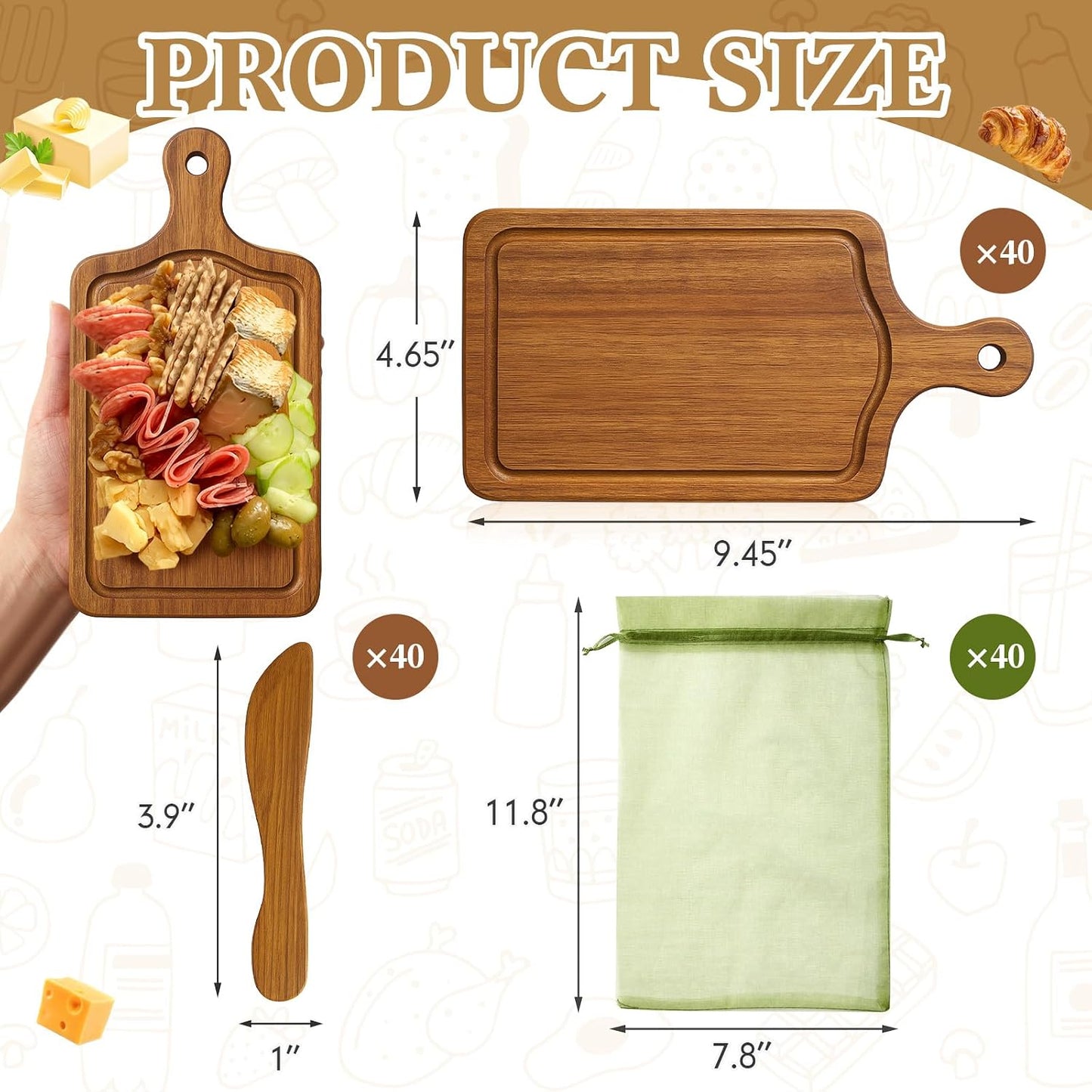 Nuenen 50 Pcs Mini Wooden Charcuterie Board Bulk, Small Wood Cutting Board for Crafts Laser Engraving with Knives Organza Bags Wedding Baby Shower Favors Gift (Square,Bamboo Color)