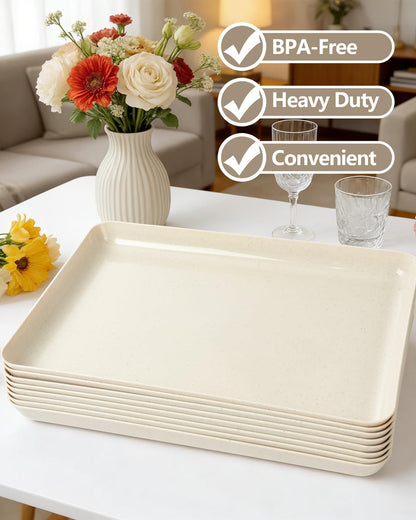 YOUBET 6 PCS Plastic Serving Trays - White Trays for Serving Food - Super Strong Disposable Platters, Heavy Duty Plastic Trays for BBQ, Picnic, Party, Wedding