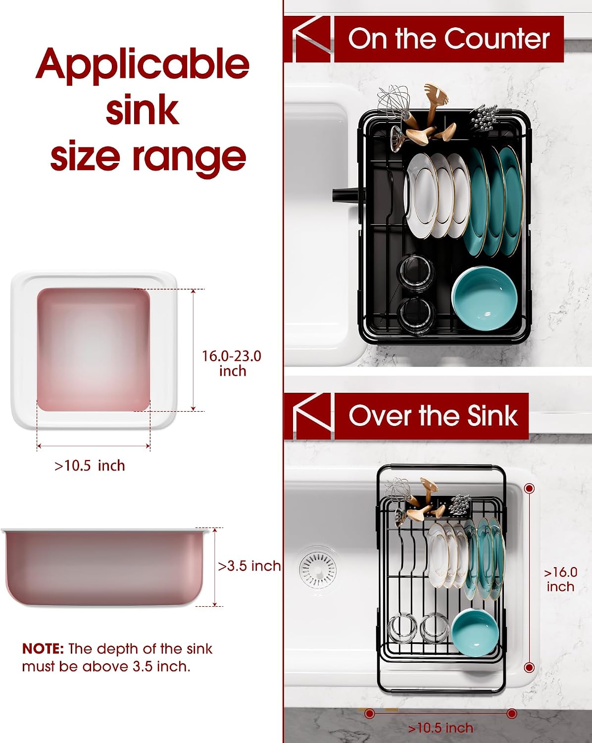 Sakugi Dish Drying Rack in Sink - Expandable Stainless Steel Dish Rack Over the Sink, Kitchen Sink Drain Strainer with Cutlery Holder & Cup Holders, 15.4 x 9.8 x 3.0 Inch, Black
