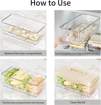 2Pack Chilled Condiment Caddy with 4 Containers 4 Lids Fruit Serving Tray Platter with Handle Portable Snackle Box Organizer Server with Ice Pack for Mimosa Bar Supplies,Salad,Taco,Party Garnish,Beige