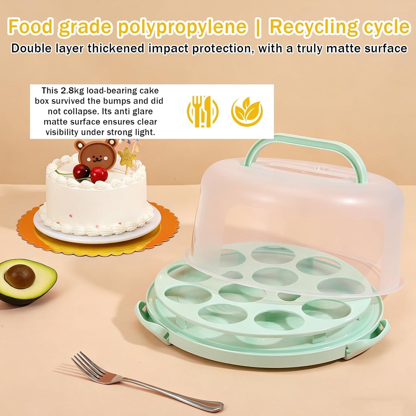 Cake Carrier with Lid and Handle Plastic Cupcake Carrier Holder with 10 Golden Boards and Insulated Bag 10-Inch Round Cake Container for Transporting Cupcakes Pies Snack and Desserts