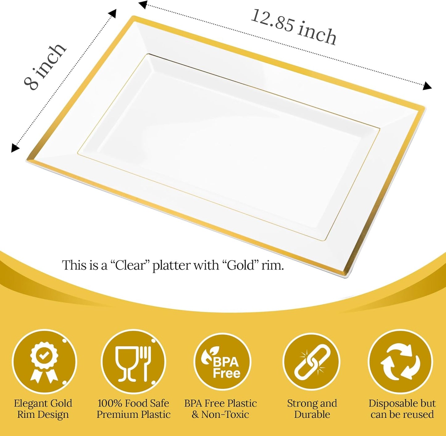 Elegant Plastic Serving Tray & Platter Set (6pk) - White & Gold Rim Disposable Serving Trays & Platters for Food - Weddings, Upscale Parties, Dessert Table, Cupcakes - 8 x 12.85 inches