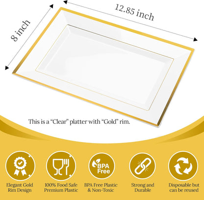 Elegant Plastic Serving Tray & Platter Set (6pk) - White & Gold Rim Disposable Serving Trays & Platters for Food - Weddings, Upscale Parties, Dessert Table, Cupcakes - 8 x 12.85 inches