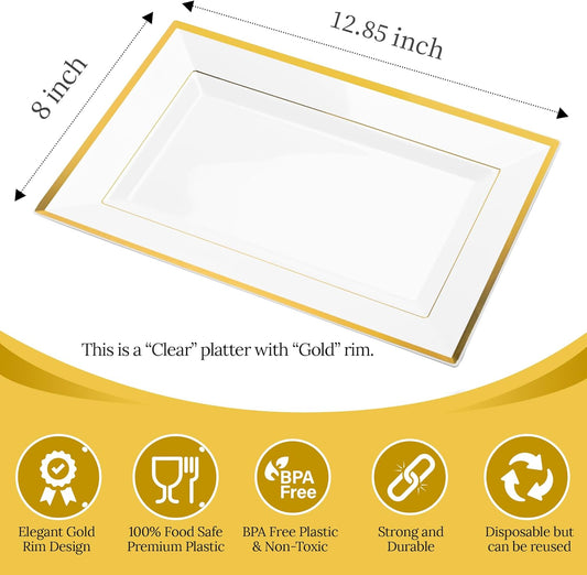 Elegant Plastic Serving Tray & Platter Set (6pk) - White & Gold Rim Disposable Serving Trays & Platters for Food - Weddings, Upscale Parties, Dessert Table, Cupcakes - 8 x 12.85 inches
