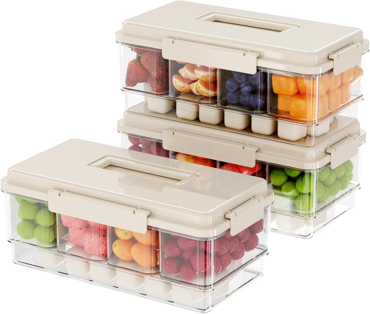2Pack Chilled Condiment Caddy with 4 Containers 4 Lids Fruit Serving Tray Platter with Handle Portable Snackle Box Organizer Server with Ice Pack for Mimosa Bar Supplies,Salad,Taco,Party Garnish,Beige