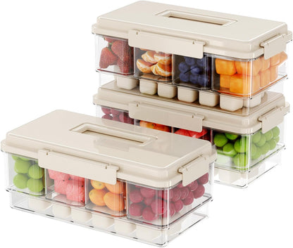 2Pack Chilled Condiment Caddy with 4 Containers 4 Lids Fruit Serving Tray Platter with Handle Portable Snackle Box Organizer Server with Ice Pack for Mimosa Bar Supplies,Salad,Taco,Party Garnish,Beige