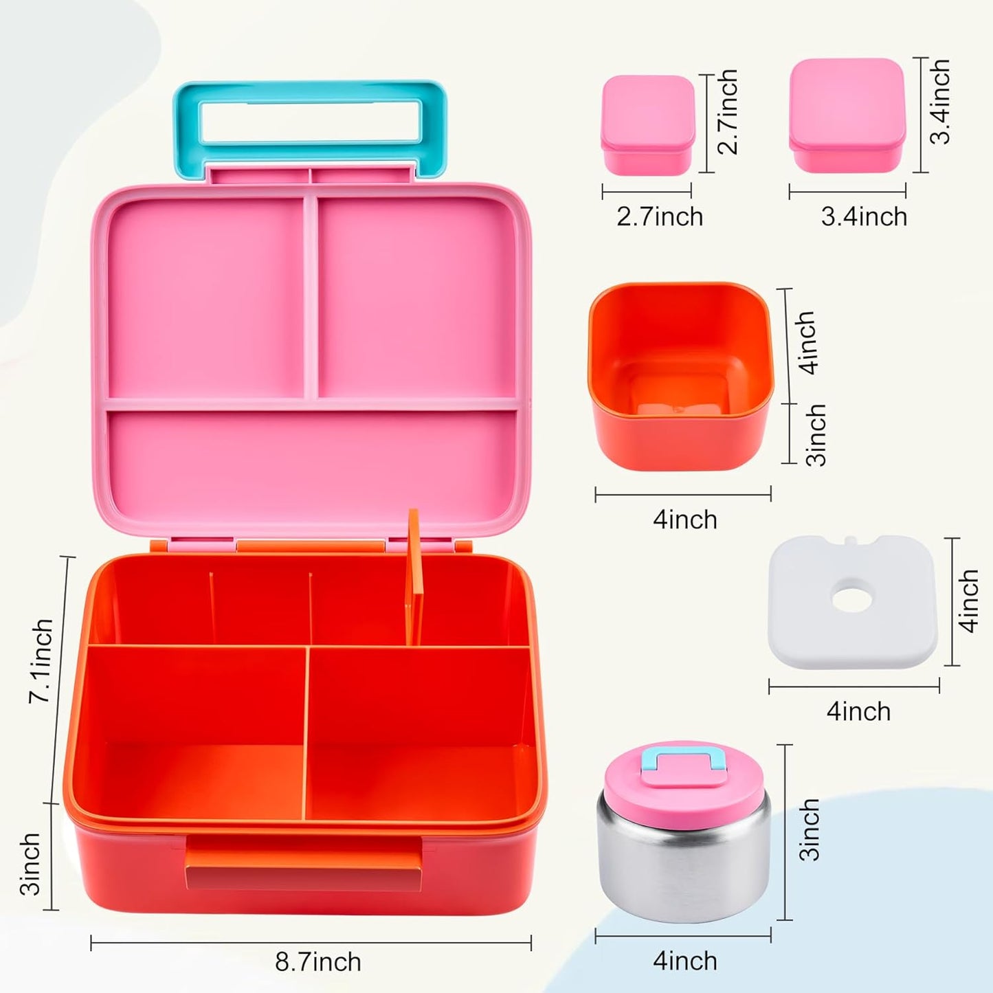Bento Lunch Box for Kids with 8oz Soup Thermo Leak-Proof Lunch Food Containers with Snack Sauce Container for Kid Girls Boys to School (Pink Mermaid)