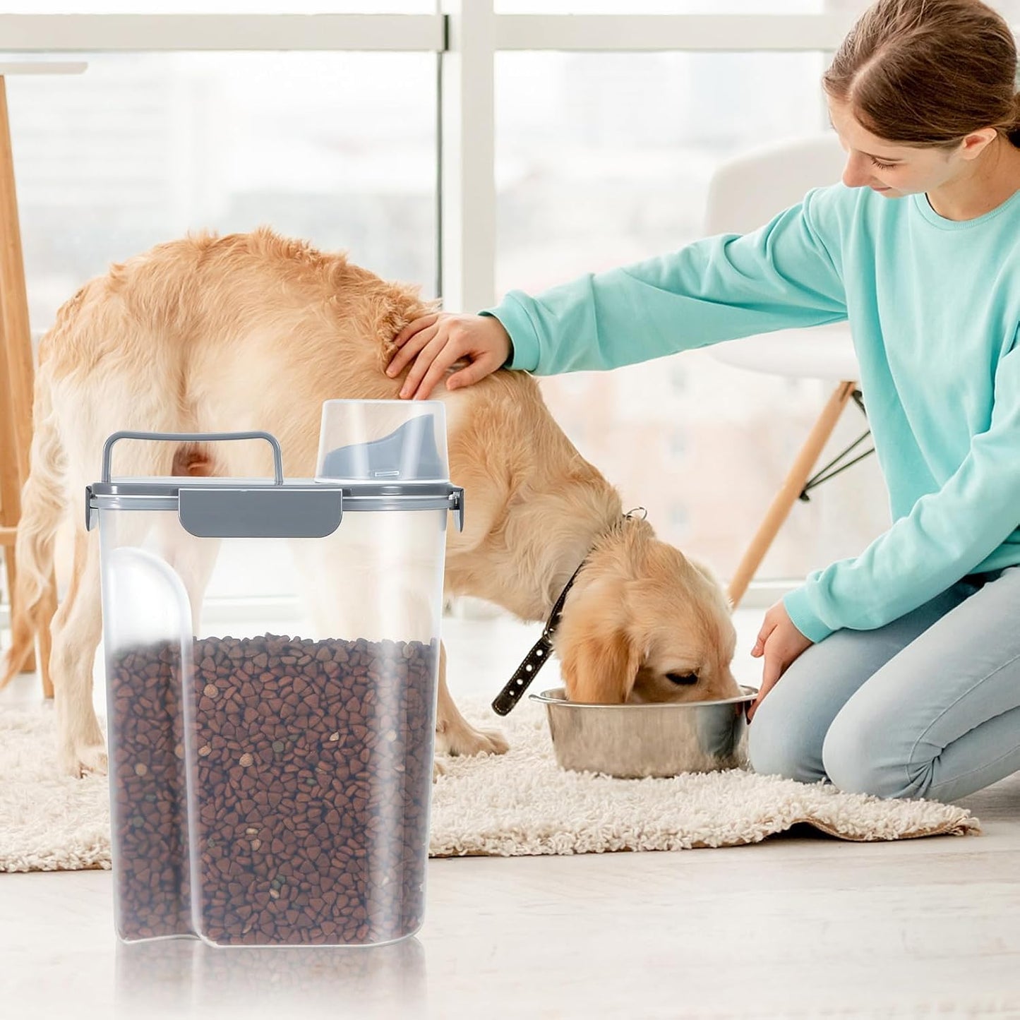 LEAWALK 5-7Lbs Dog Cat Food Storage Container with Upgraded Large Nozzle BPA-free, 4 Snap Seals Plastic Pet Food Storage Containers with Handles are Easy to Clean and Carry