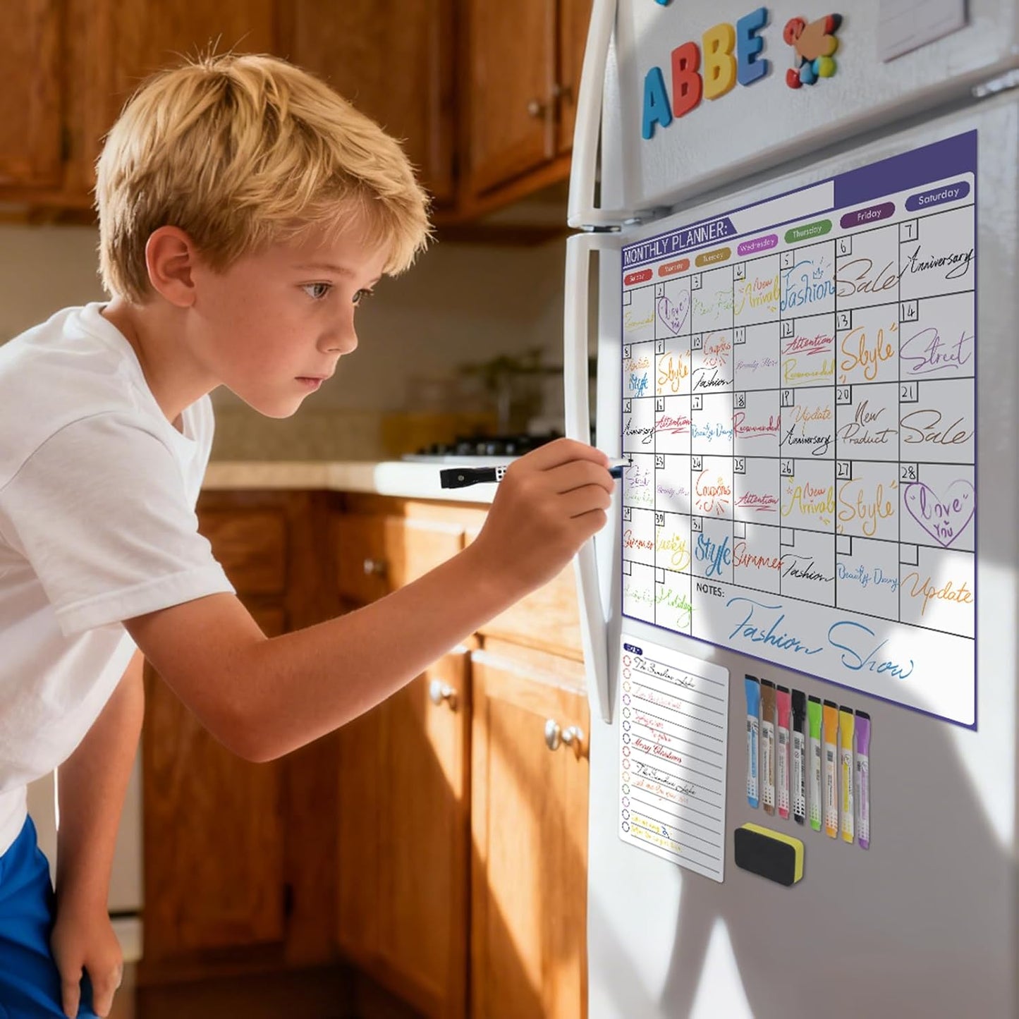 Monthly Magnetic Calendar for Refrigerator - 17"x17" Dry Erase Board, Large Writing Space, 8 Markers & Eraser - Family Schedule Planner, Stain-Resistant with Strong Magnets (Sunday Start)