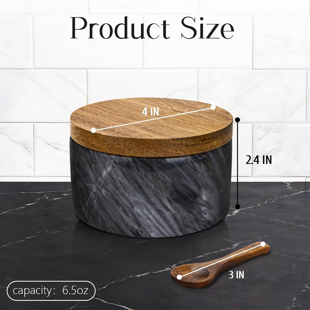 Marble Salt Cellar with Lid & Spoon, Salt Container, Salt Holder