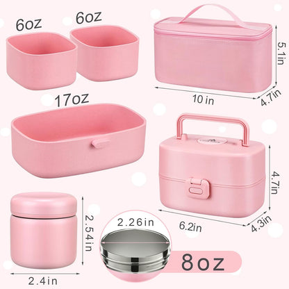 Bento Lunch Box for Kids with 8oz Soup Thermo,2 Leak-Proof Food Containers, a Lunch Bag, Kids Thermo Insulated Hot Food Jar for School, Travel-Green