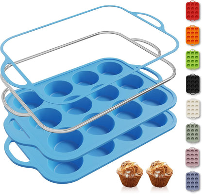 2 Packs 12 Cups Silicone Muffin Pan for Baking with Metal Reinforced Frame Regular Size Cupcake Pan Tray Egg Bites Silicone Cookie Molds Muffin Tin Tart Pans Sheet Set for Oven Dishwasher Safe