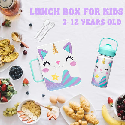 Kids Bento Lunch Box with 6 Compartments Girls Lunch Box with Lunch Bag,Stainless Steel Water Bottle,Ice Pack & Utensils Set,Birthday Gifts for Ages 3-12 Back to School Toddler Girls