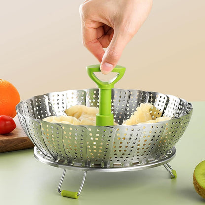 Folding Stainless Steel Steamer Basket (7-11 Inches) with Heat Resistant Handle - Ideal for Cooking Seafood, Vegetables, Fruits - Expandable and Easy to Clean - Dishwasher Safe