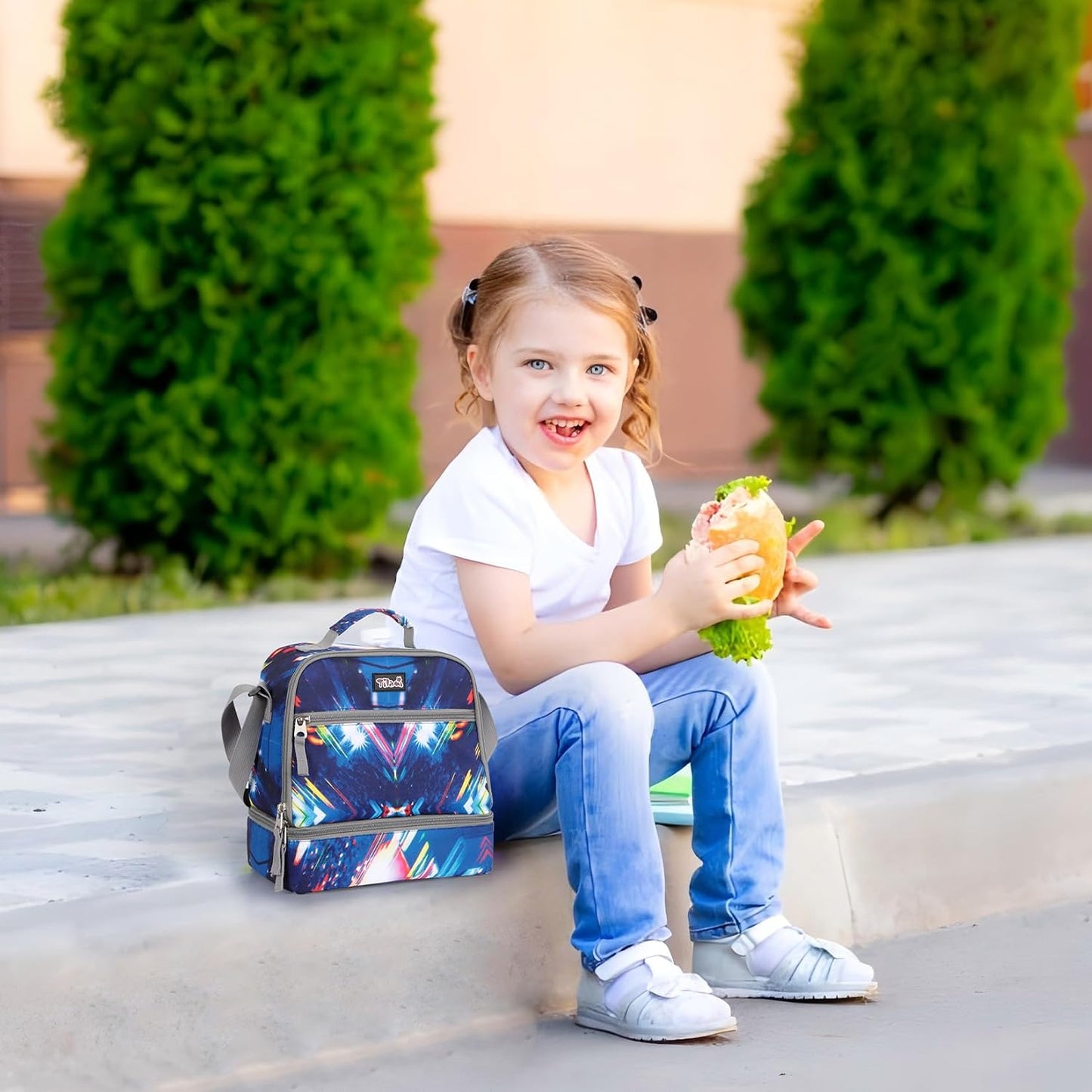 Tilami Lunch Bags Insulated Adjustable Strap Zipper, Two Compartments Cooler Bags, Bento Bags for Kids Toddlers (Blue)