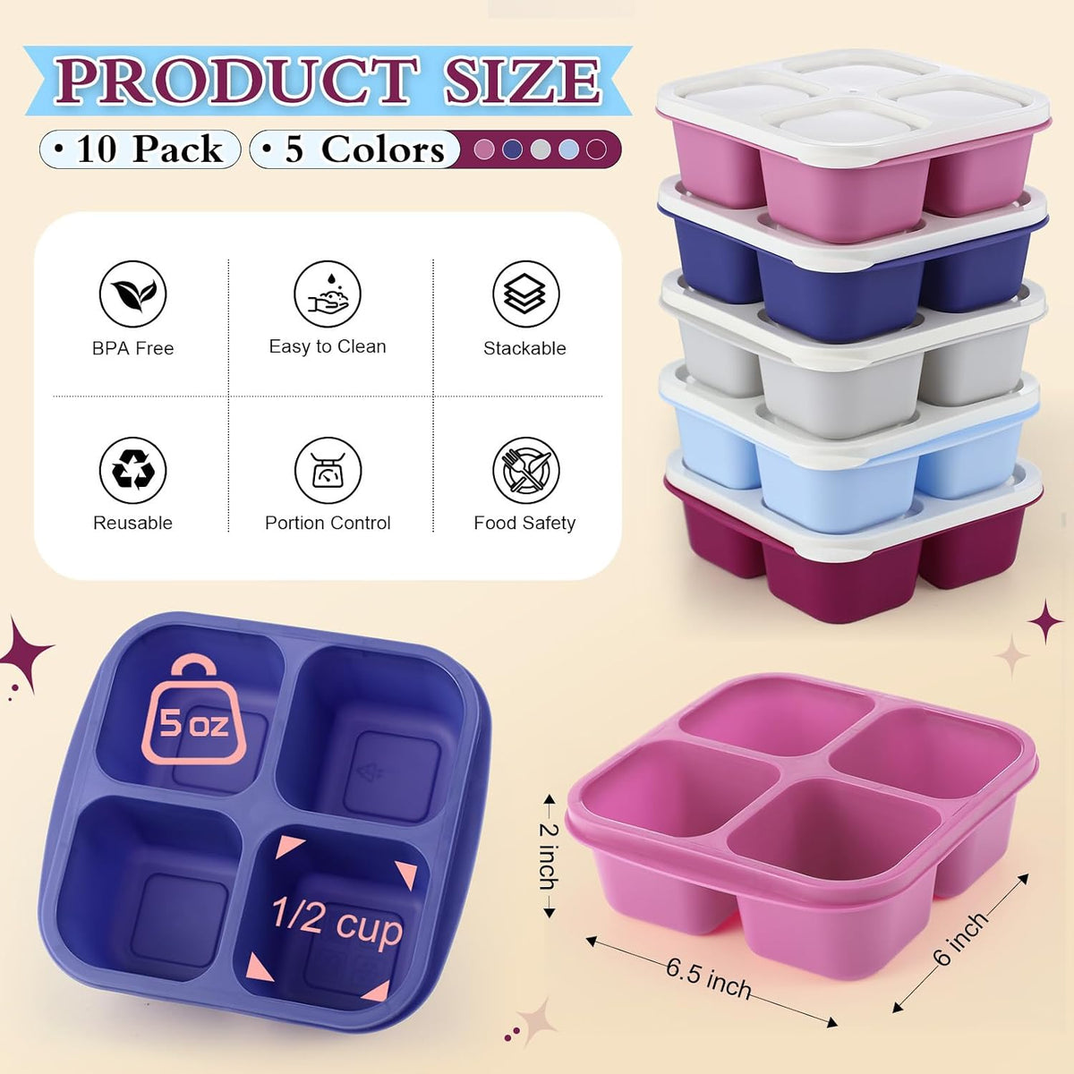 Honeydak 10 Pack Bento Snack Containers 4 Compartment Snack Boxes Reusable Containers with Lids Divided Meal Prep Lunch Food Storage Box for School Work Travel