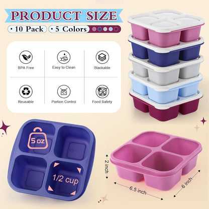 Honeydak 10 Pack Bento Snack Containers 4 Compartment Snack Boxes Reusable Containers with Lids Divided Meal Prep Lunch Food Storage Box for School Work Travel