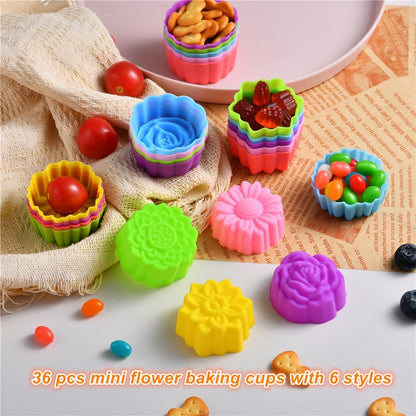Reusable Silicone Baking Cups, 2 Inch Mini Size Silicone Cupcake Liners for baking, Multi Flower Shapes Muffin Liners, Pack of 36