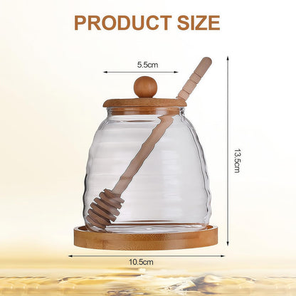 Empty Glass Honey Dispenser with Bamboo Lid & Dipper 16.7oz (500ml) Honey Pot Jam Jar Syrup Container for Kitchen Coffee Tea Home Café