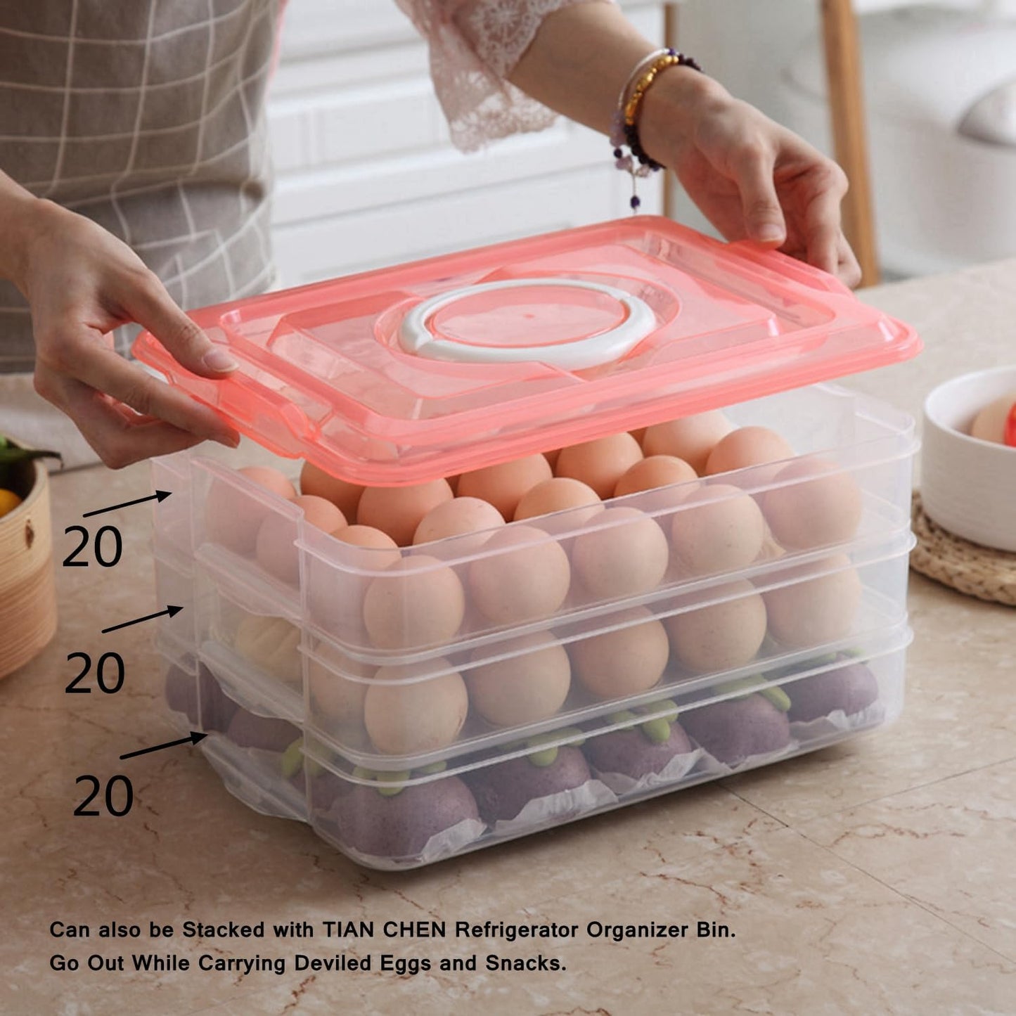 Deviled Egg Tray with Lid, 2-Layer, Stackable Egg Carrier Holder for Refrigerator, Camping Food Storage Container with Handle, Large, 40 eggs(transparent)