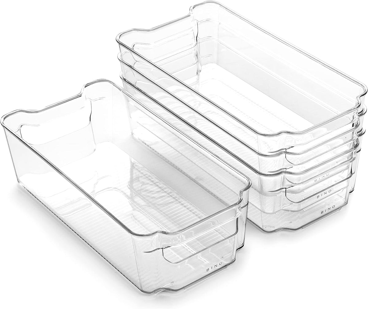 BINO | Stackable Storage Bins, Small - 4 Pack | The Stacker Collection | Clear Plastic Storage Bins | Organization and Storage Containers for Pantry & Fridge | Multi-Use Organizer Bins | BPA-Free