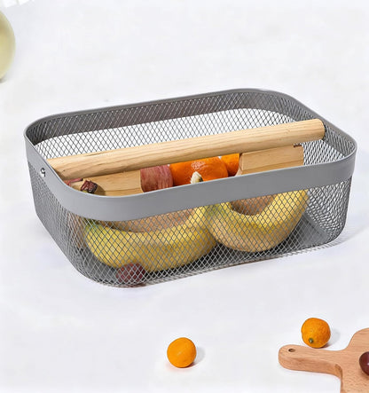 AJIODA Metal Mesh Steel Storage Basket, Garden Harvest Wire Organizer Basket Multi-functional Kitchen Fruit Basket with Wooden Removable Partition & Handle for Bathroom Picnic Decor Cabinet, Grey