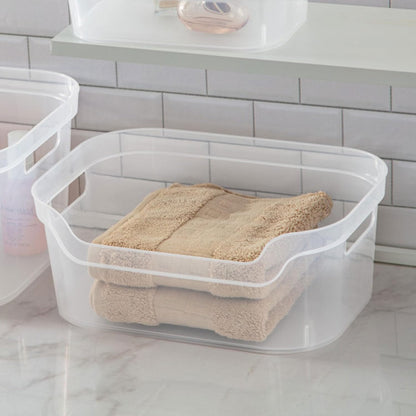 Sterilite 7 x 11 x 14.25 Inch Polished Open Scoop Front Storage Bin with Comfortable Carry Through Handles for Household Organization, Clear (6 Pack)