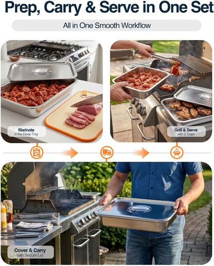 5 in 1 Grill Prep Tray and Carry System, Large Grilling Prep and Serve Trays with Lid and Cutting Board, Deep Meat Marinating Container as BBQ Grilling Gift, Home Series, L