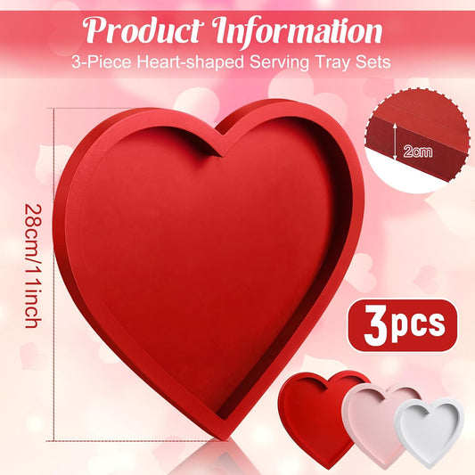 Hushee 3 Pcs Valentine's Day Wooden Serving Tray Heart Shaped Plate Wood Serving Dish Tray and Platter for Valentines Day Table Decoration Home Office Food Display, 3 Sizes(Heart, Red, Pink, White)