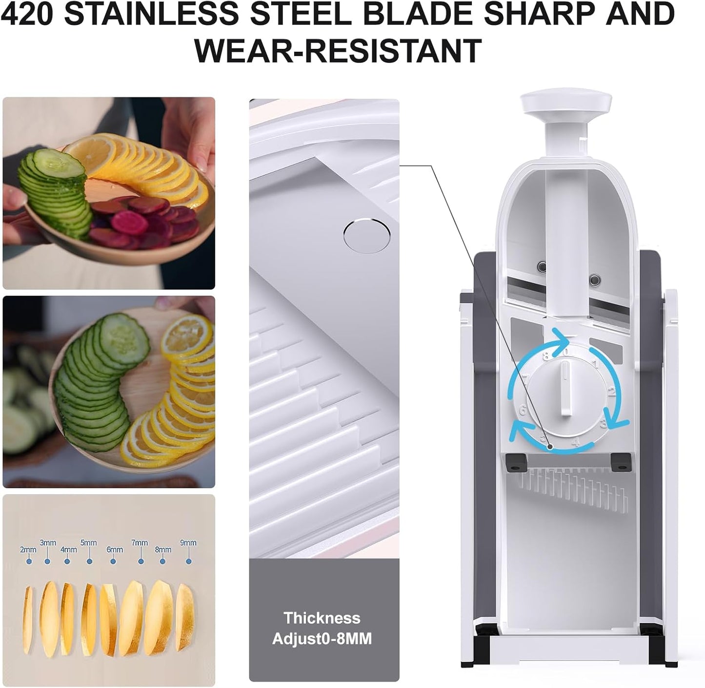 [7 in 1 ] Vegetable Slicer for Kitchen, Safe Mandoline Slicer, Adjustable Veggie Potato French Fry Cutter, Wider Tray & Stainless Steel Grater & Filter Basket & Lid & Cleaning Brush (Gray Pro)