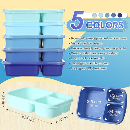 Honeydak 5 Pack Snack Containers 3 Compartment Bento Snack Boxes Divided Meal Prep Containers with Lids Reusable Adults Lunch Food Storage Box for School Work Travel(Elderberry)