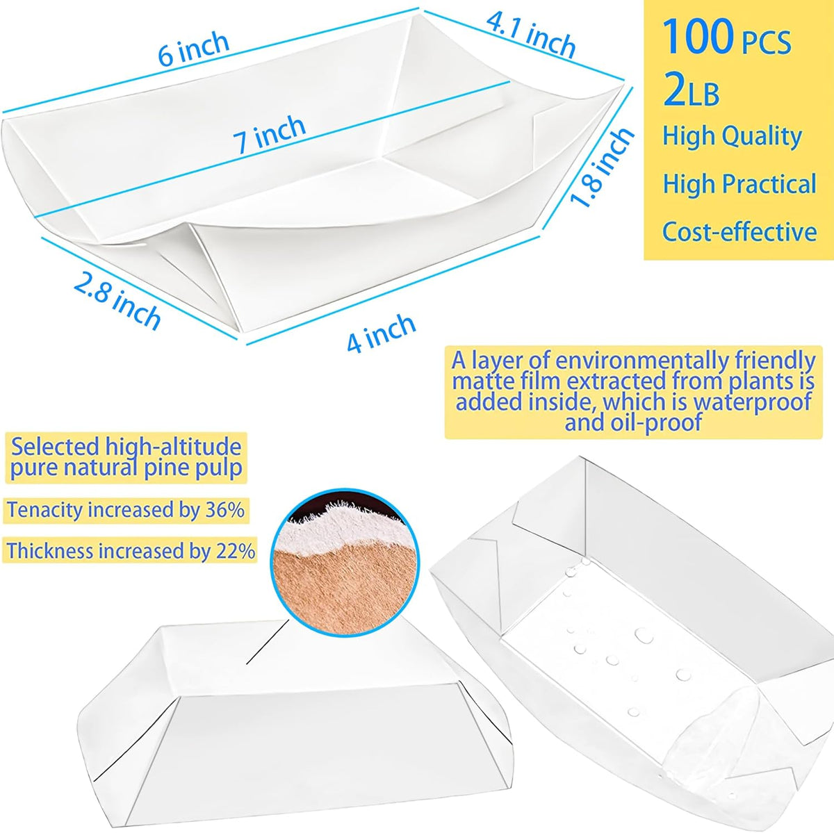 100 Pack 2lb Paper Food Trays, Heavy-Duty Paper Food Boat Disposable Serving Basket Tray for French Fries Nachos Snack Hot Dog Taco BBQ Popcorn Party Picnic Wedding Party (Brown)