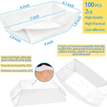 100 Pack 2lb Paper Food Trays, Heavy-Duty Paper Food Boat Disposable Serving Basket Tray for French Fries Nachos Snack Hot Dog Taco BBQ Popcorn Party Picnic Wedding Party (Brown)