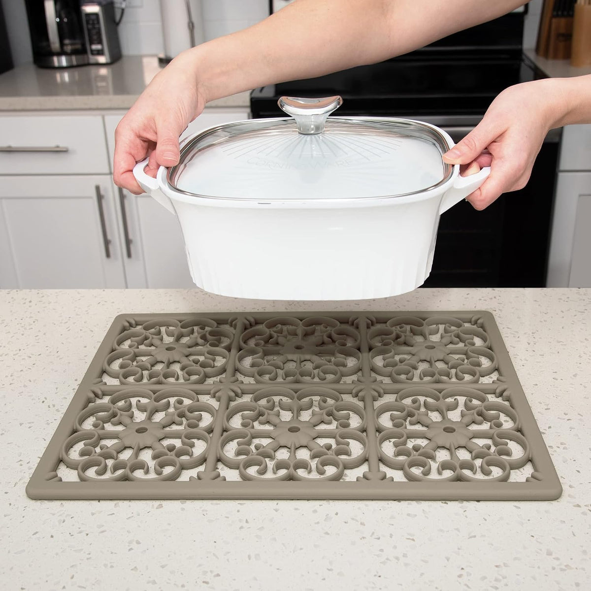 GASARÉ, Extra Large, Thick, Silicone Trivet for Hot Dishes, Pots, and Pans, Heat Resistant Mat for Countertop, Hot Pad for Kitchen, Easy to Clean, 16 x 12 x 3/8 Inches, White