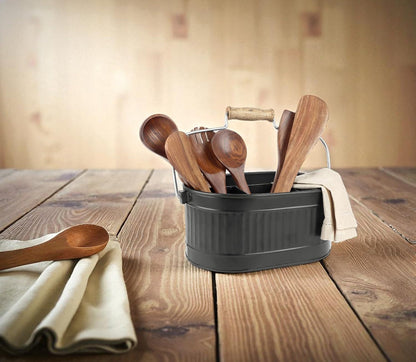 CLEENTABLE Rustic Galvanized Utensil Caddy - Farmhouse Silverware Holder for Kitchen, Dining, Picnic, Parties - Durable Cutlery Organizer with Handle, Countertop Storage (Black)