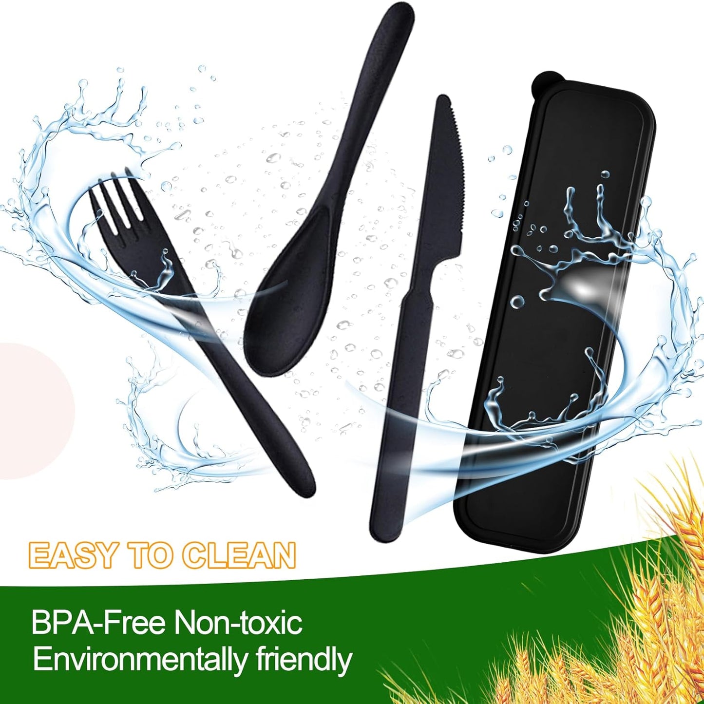 Travel Utensils with Case, 2 Sets Reusable Utensils Set with Case, Wheat Straw Utensils for Lunch Box Accessories, Camping Utensil Set for School Work Lunch or Daily Use（Black）