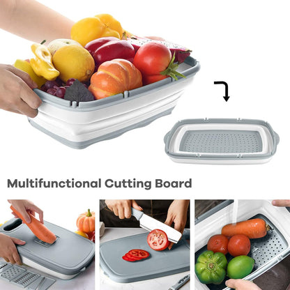 Gintan Collapsible Camping Cutting Board, 9-in-1 Chopping Board with Colander, Kitchen Vegetable Washing Basket for Camping, Camping Gifts Camping Accessories for RV Campers (Blue+Grey)