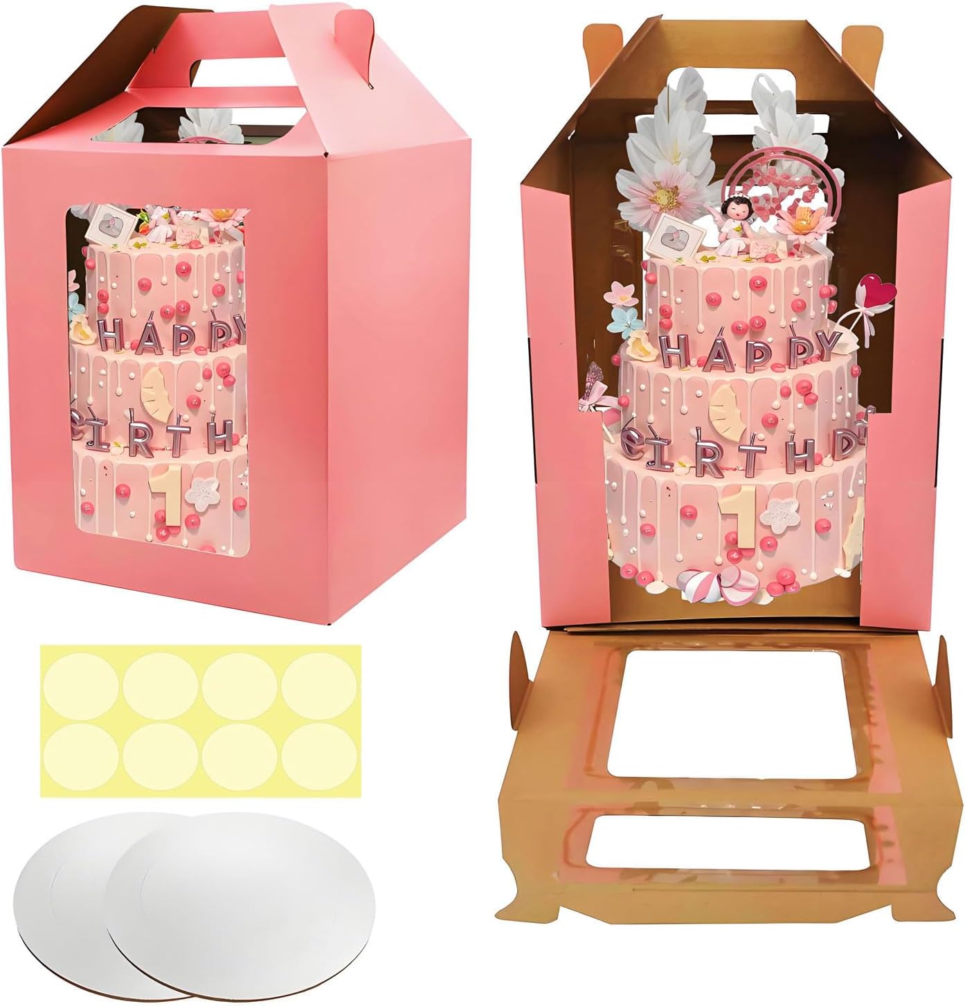 Cake Boxes - 2 Pack Tall Cake Box 12x12x14 Inch Disposable Layer Carrier with Window Large Tierd Cake Out Transport Containers with Handle for Wedding, Birthday, Party (White)