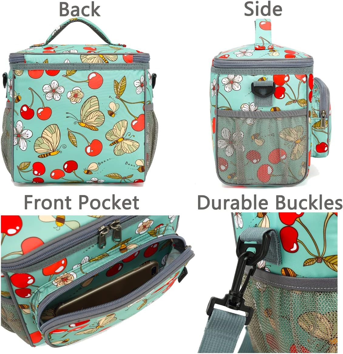 FlowFly Insulated Reusable Lunch Bag Adult Large Lunch Box for Women and Men with Adjustable Shoulder Strap,Front Zipper Pocket and Dual Large Mesh Side Pockets,Cherry - Colors A