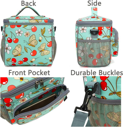 FlowFly Insulated Reusable Lunch Bag Adult Large Lunch Box for Women and Men with Adjustable Shoulder Strap,Front Zipper Pocket and Dual Large Mesh Side Pockets,Cherry - Colors A