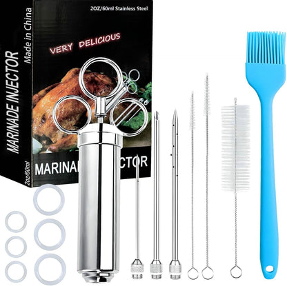 304-Stainless Steel Meat Injector Syringe Kit with 3 Marinade Needles for BBQ Grill Smoker, Turkey, Beef, Brisket, Fish, 2-oz Large Capacity, Silicone Brush and Cleaning Brush