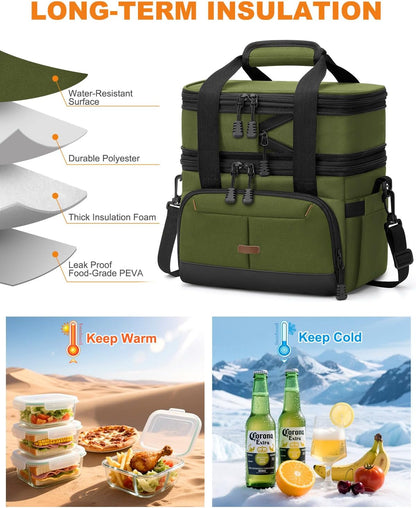 Pritent Lunch Box For Men Women Double Deck Insulated Lunch Bag For Men Woman Leakproof Expandable Cooler Bag with Adjustable Shoulder Strap for Kids Shool Work Picnic Camping(Beige,Large)