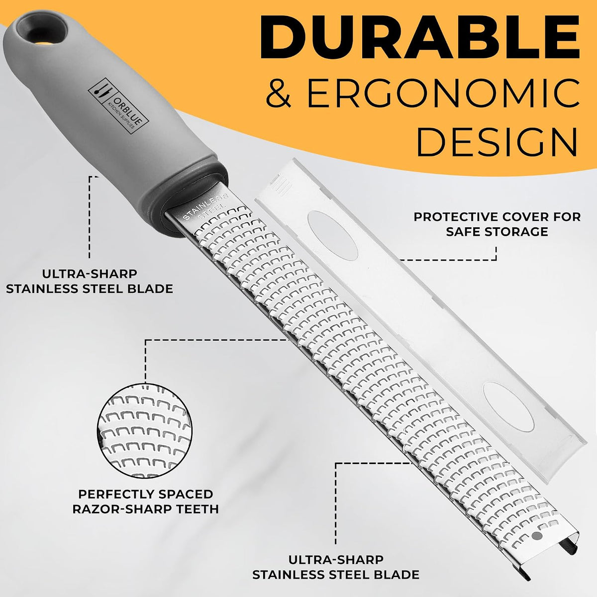Orblue Lemon Zester & Cheese Grater - Premium Citrus Zester, Kitchen Grater for Parmesan, Chocolate, Fruits, Vegetables, Ginger, Garlic, Nutmeg - Stainless Steel Blades with Protective Cover, Gray
